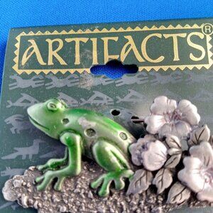 Vintage 1986 JJ Jonette frog pin green and pewter tone NOS Artifacts